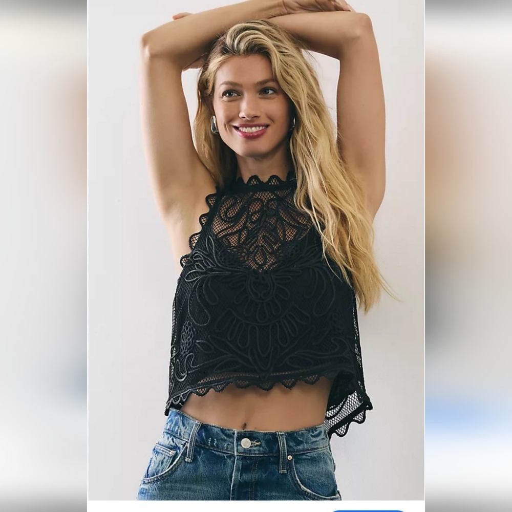 NWOT Anthropologie Black Embellished Crop Tank Top size S - Picture 3 of 14
